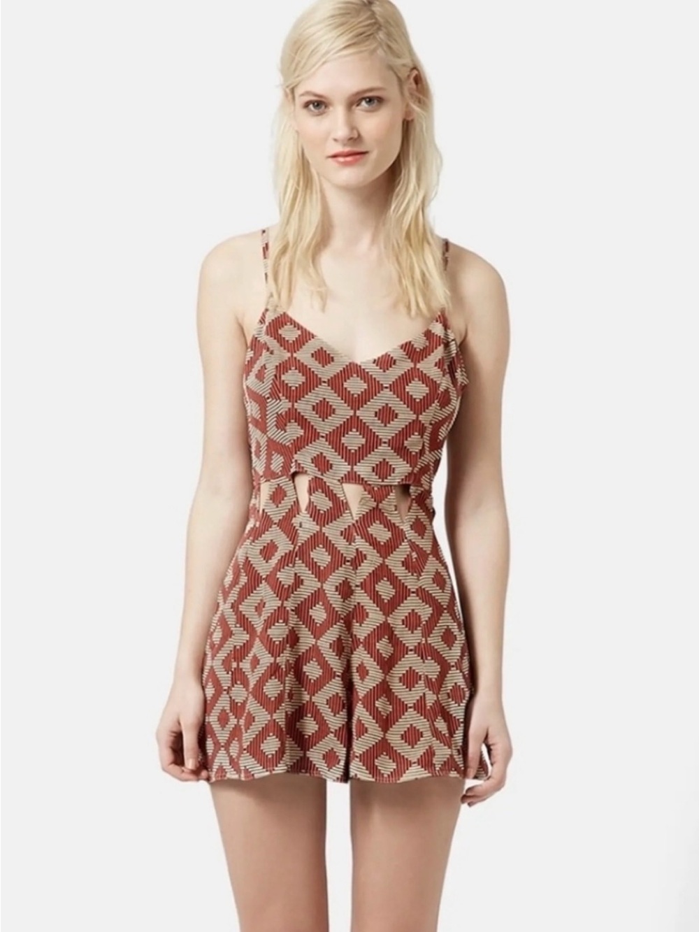 Topshop Red and Beige Geometric Patterned Romper with Cutouts Size 8